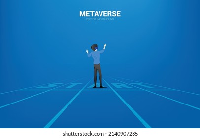 Silhouette man wear VR glasses on start line. Concept of digital virtual reality technology and AR .