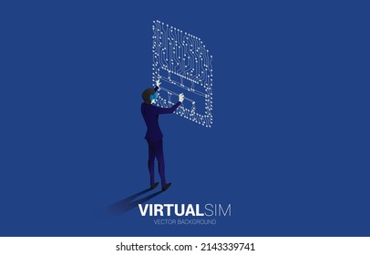 Silhouette man wear VR glasses and dot connect line shaped sim card icon. Concept for mobile sim card technology and network.