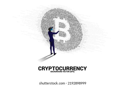 Silhouette man wear VR glasses with one and zero binary code digit matrix style. Background Concept for cryptocurrency technology and electronic money