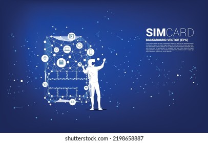 Silhouette man wear VR glasses and dot connect line and sim card icon. Concept for mobile sim card technology and network.