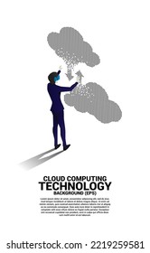 Silhouette man wear VR glasses with cloud pixel transformation. Concept of digital virtual reality technology and AR .