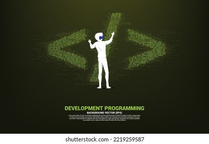 Silhouette man wear VR glasses software development programming tag with one and zero digit matrix style. Concept of digital virtual reality technology and AR .