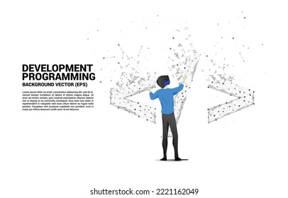 Silhouette man wear VR glasses software development programming tag with polygon dot connect line. Concept of digital virtual reality technology and AR .