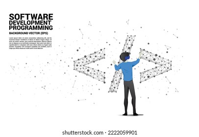 Silhouette man wear VR glasses software development programming tag with polygon dot connect line. Concept of digital virtual reality technology and AR .