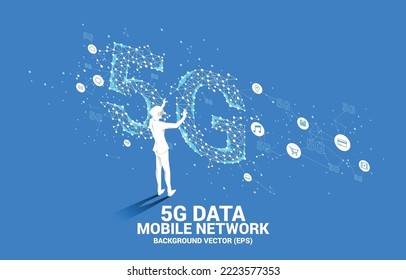 Silhouette man wear VR glasses  Polygon dot connect line shaped 5G mobile networking. Concept of digital virtual reality technology and AR .
