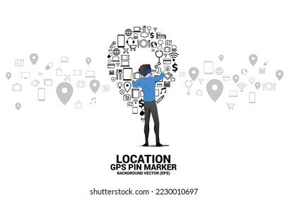 Silhouette man wear VR glasses with location pin. Concept of digital virtual reality technology and AR .