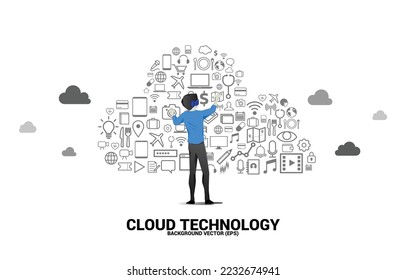 Silhouette man wear VR glasses and Cloud computing network technology shaped with utility functional icon.Concept of cloud server, Storage and data