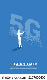 Silhouette man wear VR glasses  with pixel  5G mobile networking. Concept of digital virtual reality technology and AR .