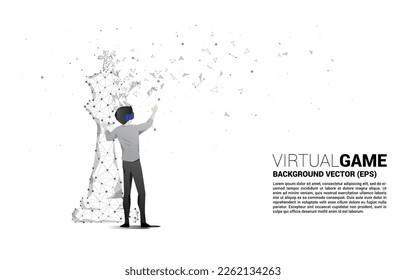 Silhouette man wear VR glasses with chess polygon. Concept of digital virtual reality technology and AR .