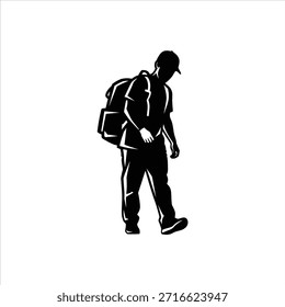 Silueta de un hombre con una mochila y un sombrero, caminando con la cabeza hacia abajo. Ilustración vectorial en blanco y negro que representa a un viajero o estudiante casual.