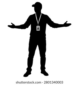 Silhouette of a man wearing a baseball cap and a lanyard with an identification badge standing with his arms outstretched in a welcoming gesture on a plain white digital canvas