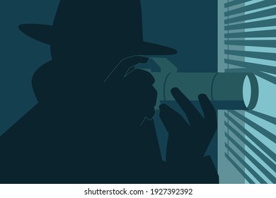 Silhouette of a man wearing fedora hat and coat looking through blinds with a camera