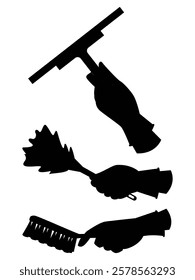 Silhouette of a Man Wearing Gloves and Holding Cleaning Tools