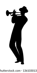 Silhouette of man wearing hat playing trumpet, isolated on white background
