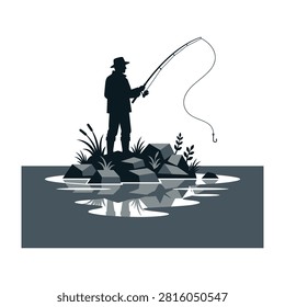 A silhouette of a man wearing a hat standing on a cluster of rocks in the middle of a lake, casting a fishing line. Peaceful outdoor leisure activity in nature.