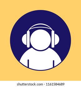 Silhouette of a man wearing headphones on a round blue button, yellow background 