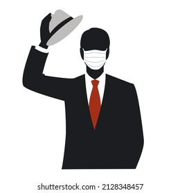 Silhouette of the man wearing a mask who takes off a hat, and says hello