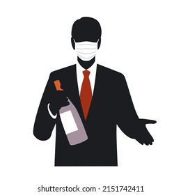  Silhouette of the man wearing a medical masks having a bottle