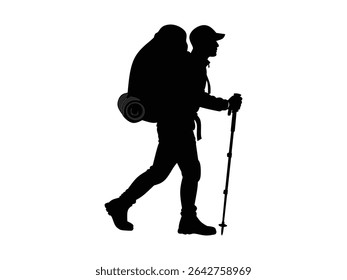 silhouette of a man wearing mountain climbing clothes isolated with white background 