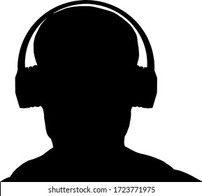 Silhouette of a man wearing a music headphone. Vector illustration.