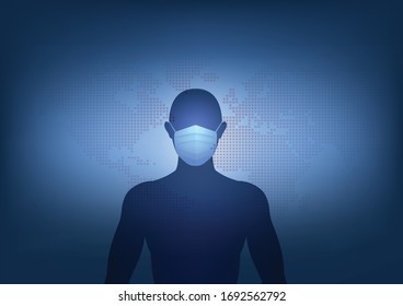 Silhouette man wearing protective face masks prevent disease, virus infections, air pollution, dust, smog, with world map background. Vector illustration flat style.