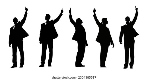 silhouette of man wearing suit pointing his forefinger up, concept of winning election candidate or success of a businessman