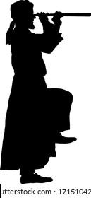 Silhouette of a man wearing a turban and robe spying through a telescope. Vector illustration.