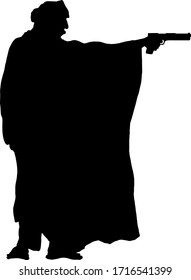 Silhouette Of A Man Wearing A Turban And Robe Shooting A Pistol. Vector Illustration.