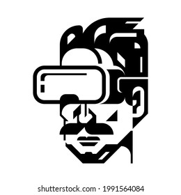 Silhouette man wearing Virtual reality device (VR). Vector illustration, flat icon. White background.