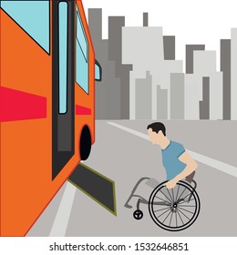 silhouette of a man in a wheelchair riding a bus. difficulties and obstacles experienced by disabled people. vector