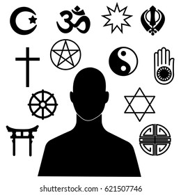 silhouette of a man who chooses a religion. Symbols of major religions in the world. combination of religious symbols