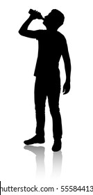 Silhouette of a man who drinks water from a bottle. Black color.
