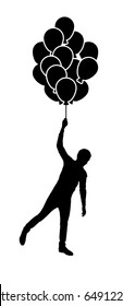 Silhouette of a man who flies on balloons.