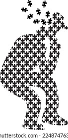 A silhouette of a man who is mentally and physically ill and crumbles like a puzzle piece