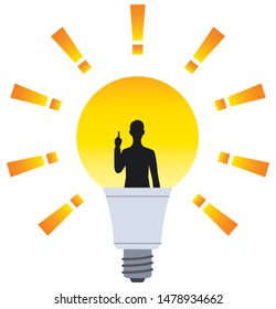 The silhouette of the man who points in the light bulb