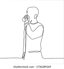 Silhouette of a man who is standing drinking a drink from a large glass - cocktail, beer, milk. One continuous line art of a thirsty man drinking a glass of liquid