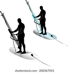 Silhouette of a man windsurfing on a transparent background
