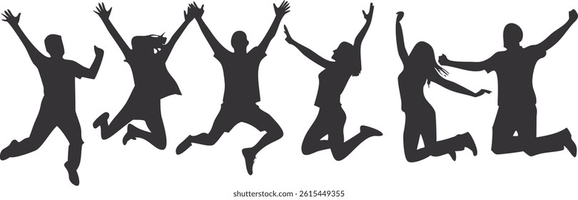 Silhouette of a man and woman in action, jumping and dancing, vector illustration of people in sports poses, showcasing movement and energy in a group setting
