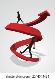 Silhouette of a man and woman climbing up a spiral arrow Vector illustration