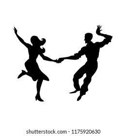Silhouette of man and woman dancing a swing, lindy hop, social dances. The black and white image isolated on a white background. Vector illustration.