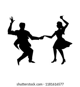 Silhouette of man and woman dancing a swing, lindy hop, social dances. The black and white image isolated on a white background. Vector illustration.