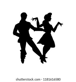 Silhouette of man and woman dancing a swing, lindy hop, social dances. The black and white image isolated on a white background. Vector illustration.