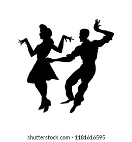 Silhouette of man and woman dancing a swing, lindy hop, social dances. The black and white image isolated on a white background. Vector illustration.