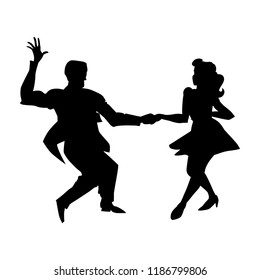 Silhouette of man and woman dancing a swing, lindy hop, social dances. The black and white image isolated on a white background. Vector illustration.