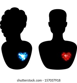 Silhouette of a Man and a Woman with Different Diamond Hearts