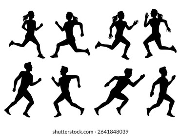 silhouette of a man and woman doing running exercise vector set