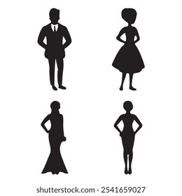 a silhouette of a man and a woman in a dress. silhouettes of people