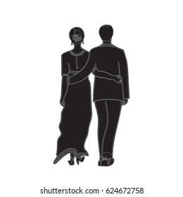 The silhouette of a man and a woman embracing on a white background, groom and bride, couple in love. Freehand drawing vector illustration.
