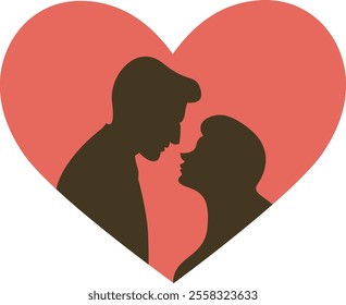 Silhouette of a man and a woman facing each other, enclosed within a large red heart shape. The silhouettes suggest a romantic or affectionate interaction between the two individuals, symbolizing love