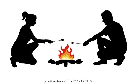 Silhouette de hombre con mujer friendo malvavisco en la hoguera. Camping. Ilustración del vector